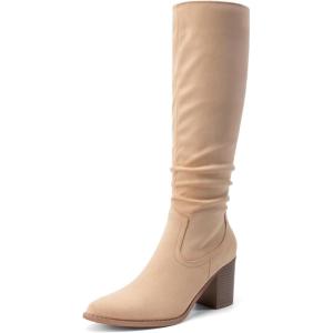 imageDREAM PAIRS Womens KneeHigh Boots Comfortable Chunky Block Heel Pointed Toe Pull On Side Zipper Suede Slouch Riding BootsApricot