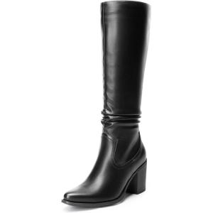 imageDREAM PAIRS Womens KneeHigh Boots Comfortable Chunky Block Heel Pointed Toe Pull On Side Zipper Suede Slouch Riding BootsBlackpu