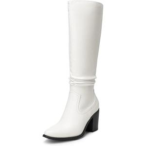 imageDREAM PAIRS Womens KneeHigh Boots Comfortable Chunky Block Heel Pointed Toe Pull On Side Zipper Suede Slouch Riding BootsWhitepu