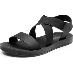 imageDREAM PAIRS Womens Open Toe Elastic Ankle Strap Flat Summer SandalsAll Blackelastic