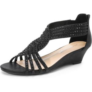 imageDREAM PAIRS Womens Open Toe Low Wedges Sandals Rhinestone Strappy Zipper Dress Shoes Summer Wedding Party Travel ShoesBlack