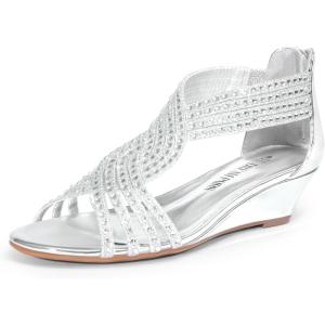 imageDREAM PAIRS Womens Open Toe Low Wedges Sandals Rhinestone Strappy Zipper Dress Shoes Summer Wedding Party Travel ShoesSilverpat