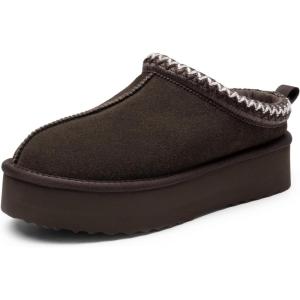 imageDREAM PAIRS Womens Platform Slippers Genuine Suede Slipon Warm FuzzyEasy Autumn Winter Fluffy Comfy Furry Shoes for Outdoor IndoorDark Brown