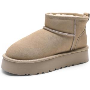 imageDREAM PAIRS Womens Platform Winter Snow Boots Genuine Suede Water Resistant Mini Ankle Boots Stable Lightweight Booties AntiSlip with Memory Foam Outdoor FuzzySand