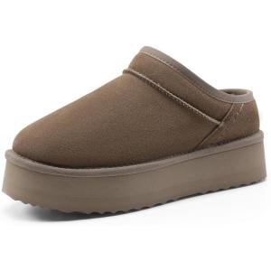 imageDREAM PAIRS Womens Slippers Platform Genuine Suede SlipOn Memory Foam Cozy Fluffy Warm Comfy Furry House Shoes for Outdoor IndoorTaupe