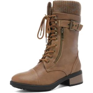 imageDREAM PAIRS Womens Winter Lace up Mid Calf Combat Riding Military BootsCamel