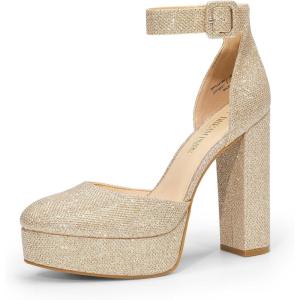 imageDREAM PAIRS Womens Platform High Chunky Heels Closed Toe Block Ankle Strap Dress Buckle Round Toe Wedding Party Comfortable Pumps ShoesGoldglitter