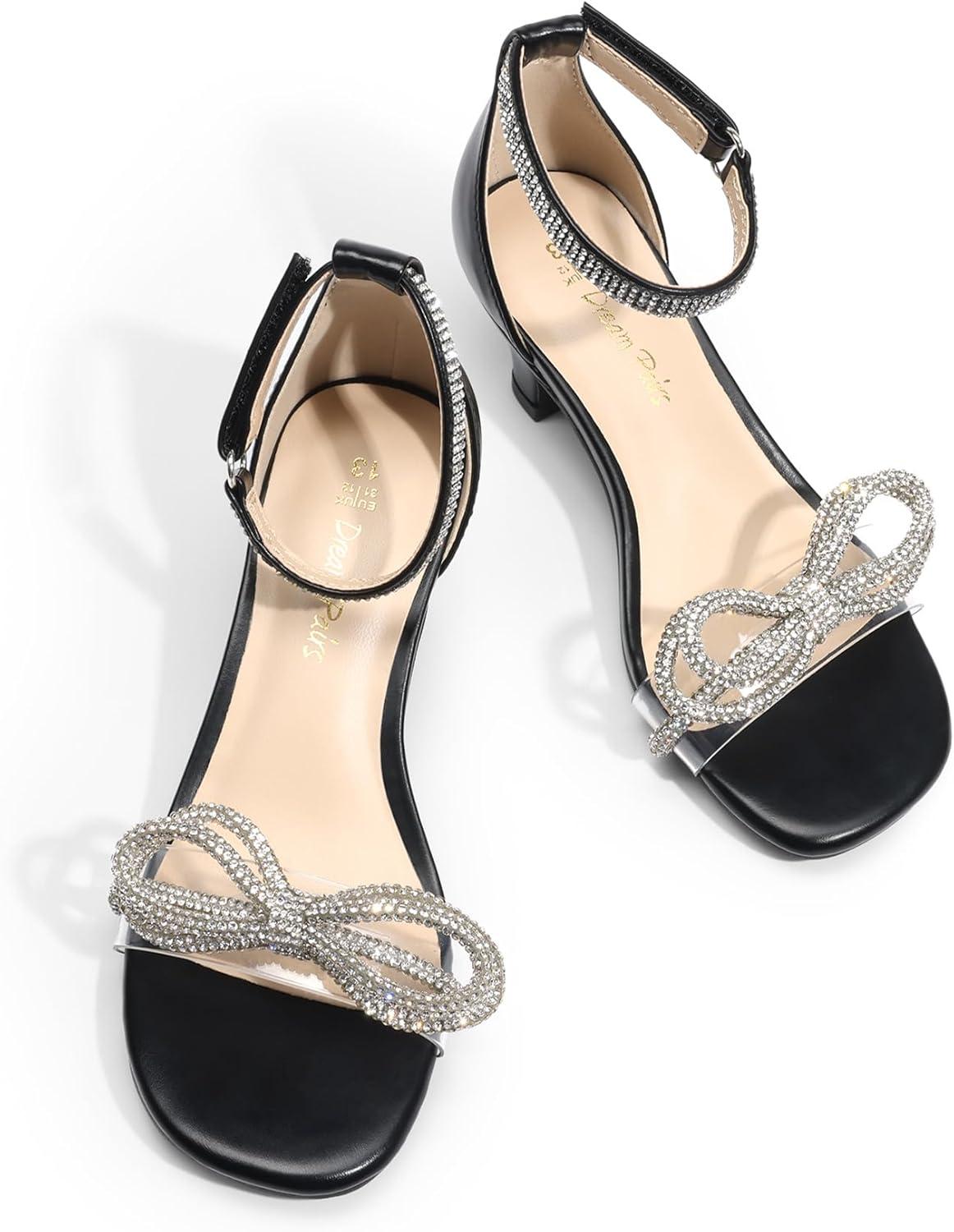 imageDREAM PAIRS Girls Sandals Ankle Strap Square Toe Low Heel Bow Flower Dress ShoesBlack