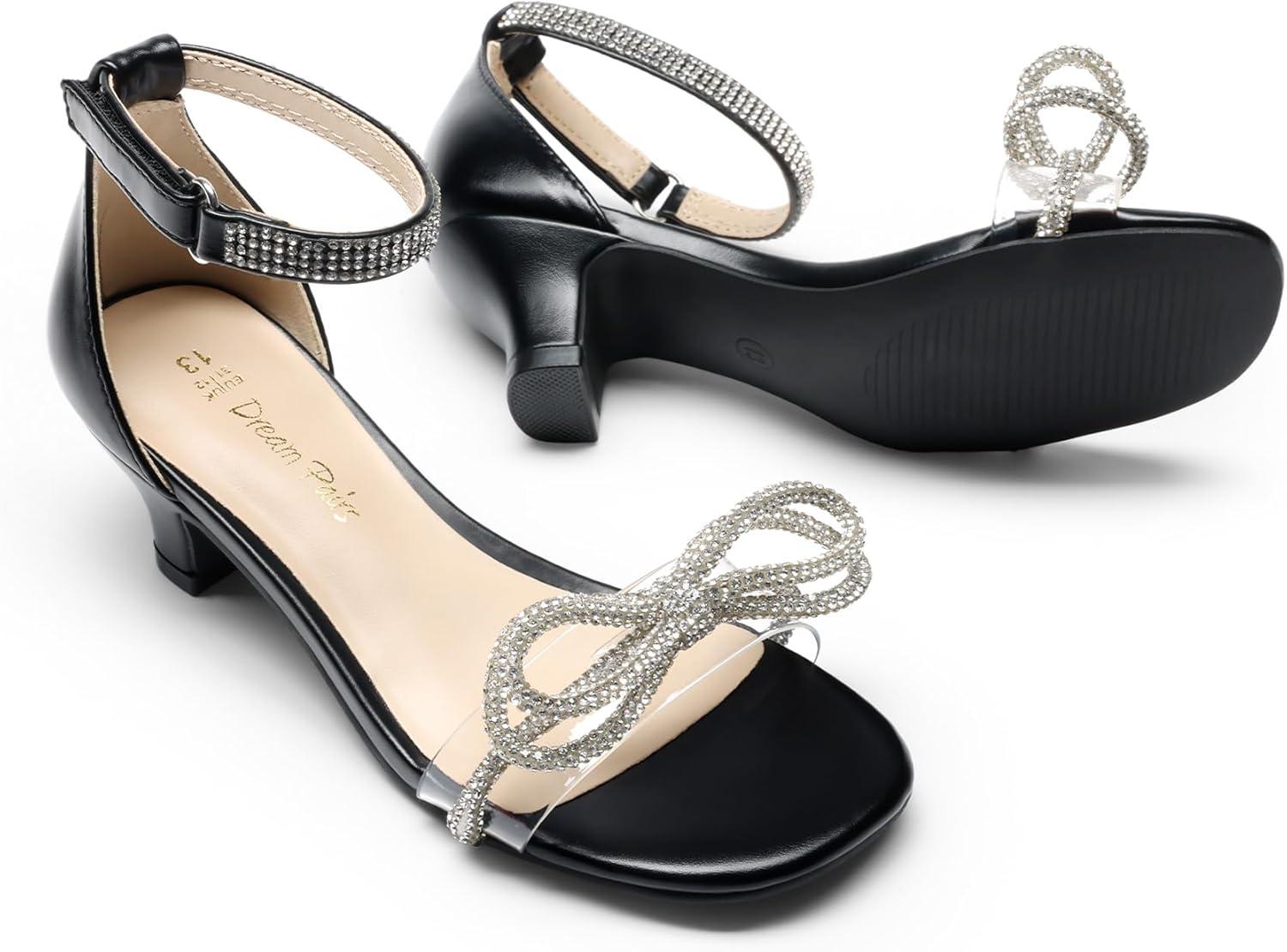 imageDREAM PAIRS Girls Sandals Ankle Strap Square Toe Low Heel Bow Flower Dress ShoesBlack
