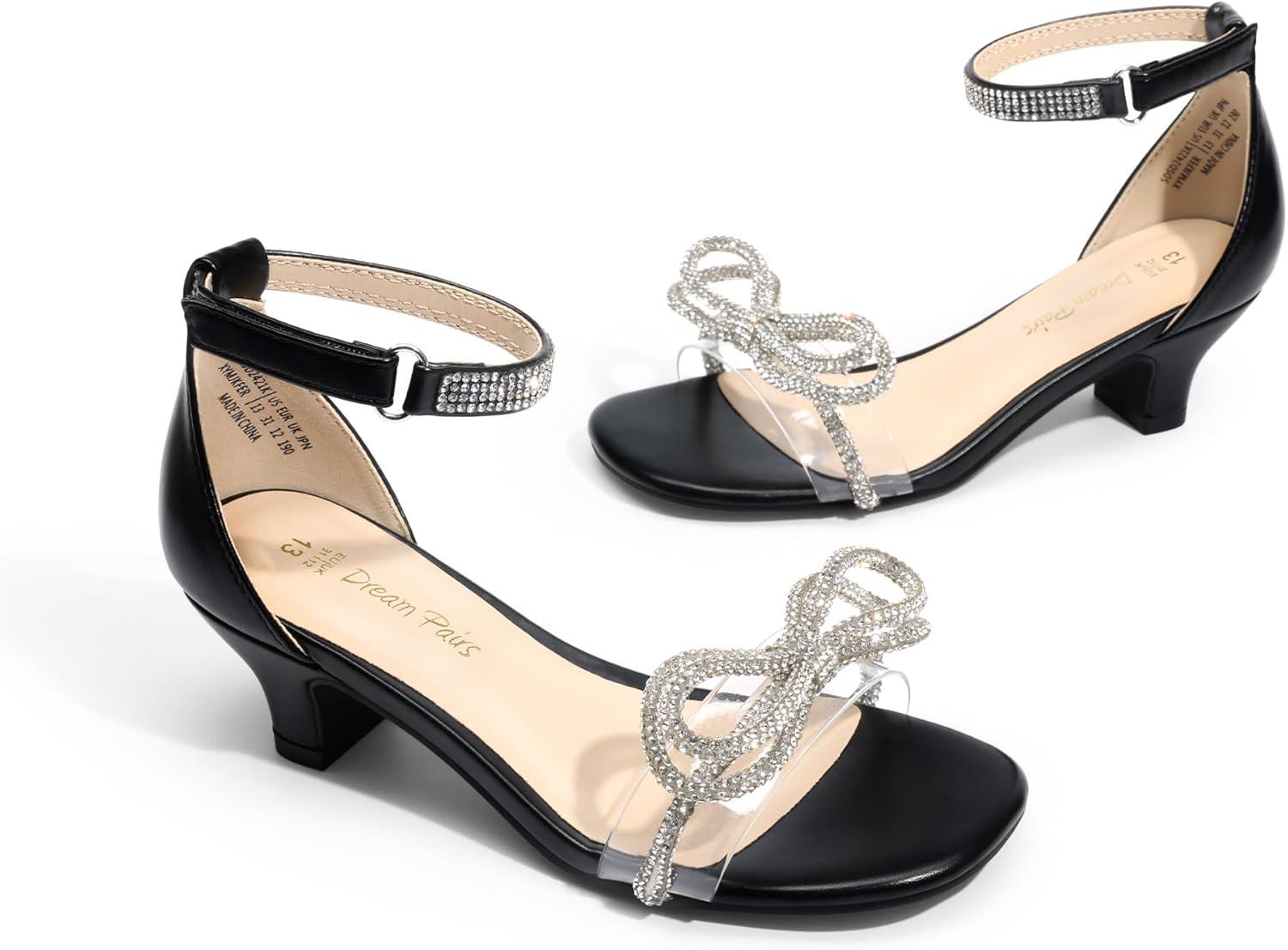 imageDREAM PAIRS Girls Sandals Ankle Strap Square Toe Low Heel Bow Flower Dress ShoesBlack