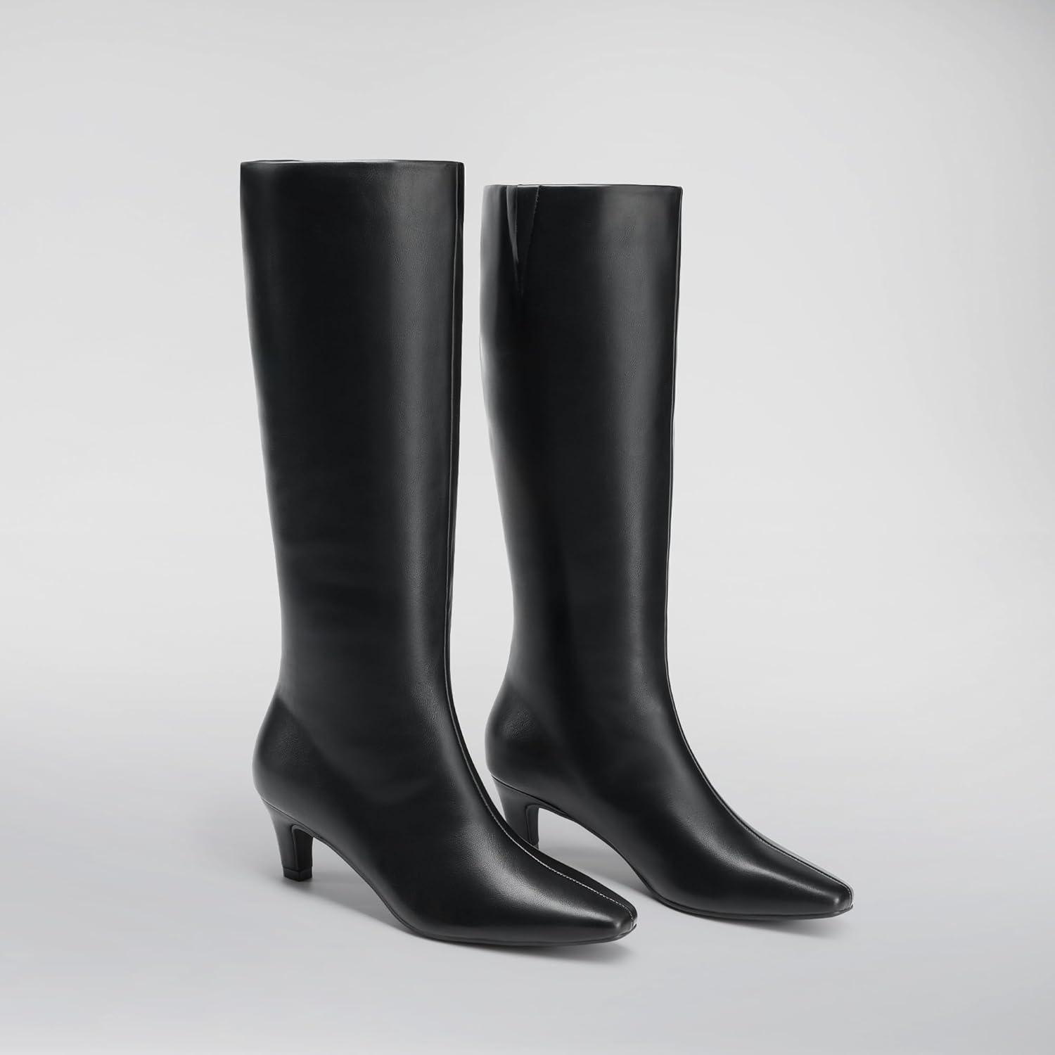 imageDREAM PAIRS Women Knee High Boots 2 Inch Kitten Heel Fashion Square Toe Wide Calf Long BootsBlack