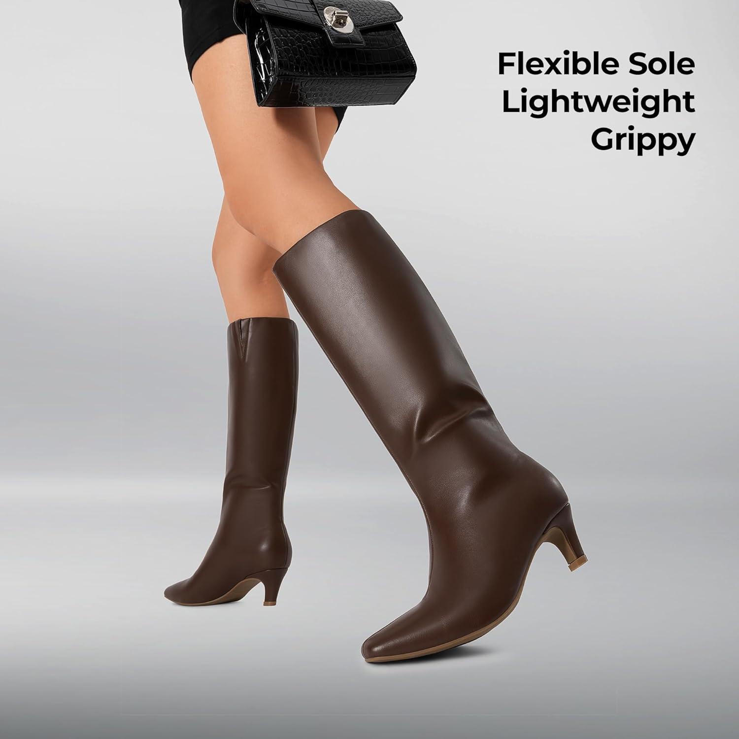 imageDREAM PAIRS Women Knee High Boots 2 Inch Kitten Heel Fashion Square Toe Wide Calf Long BootsBrown