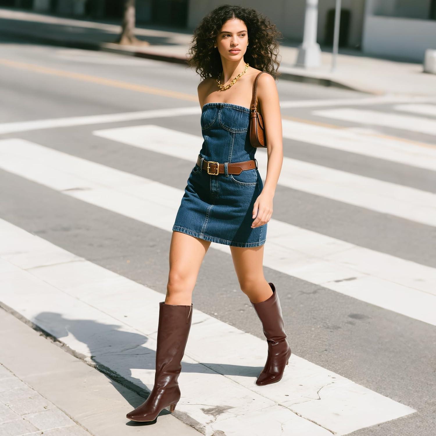 imageDREAM PAIRS Women Knee High Boots 2 Inch Kitten Heel Fashion Square Toe Wide Calf Long BootsBrown