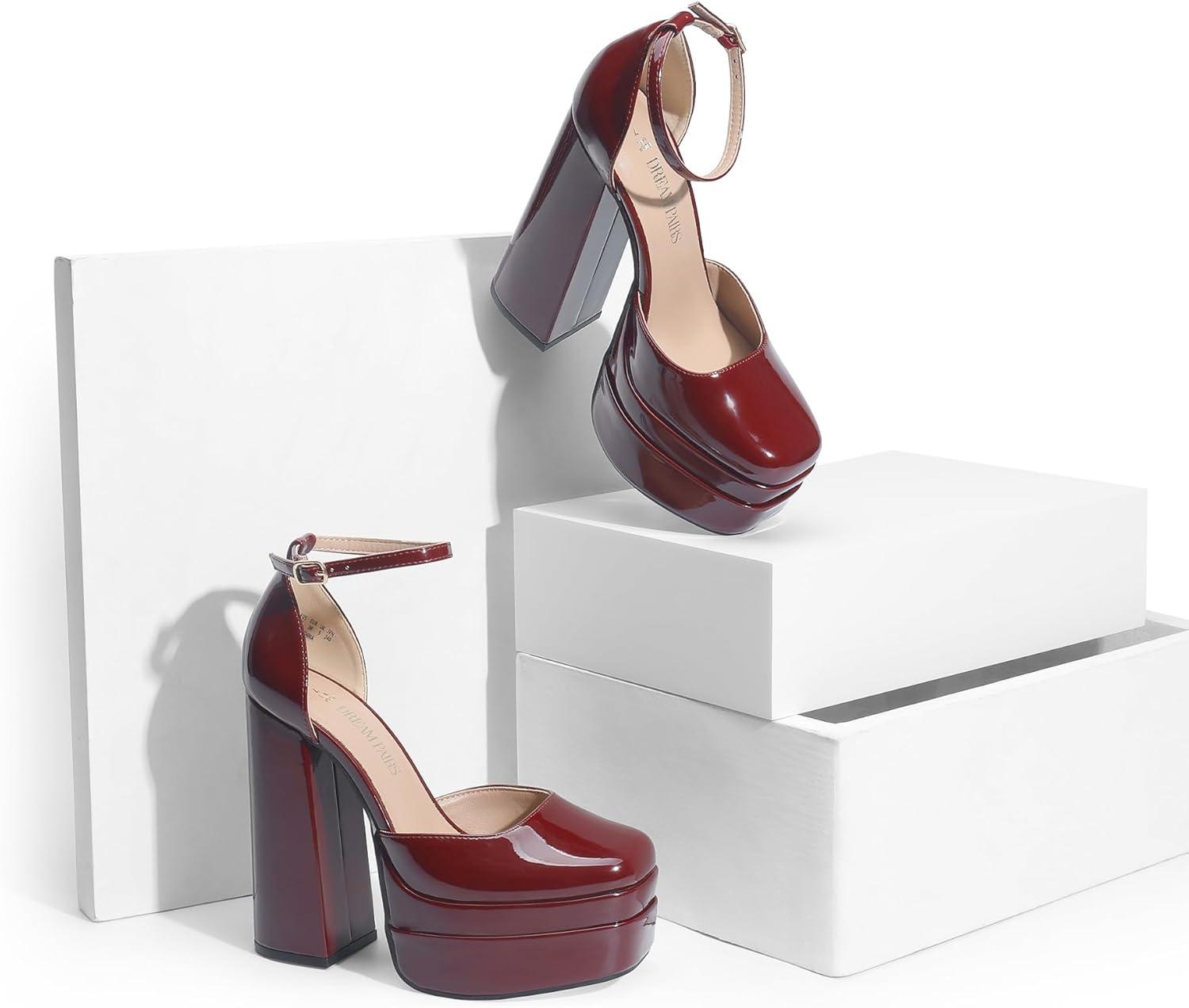 imageDREAM PAIRS Womens High Chunky Platform Closed Toe Block Heels Square Toe Ankle Strap Dress Wedding Party Pumps Shoes AureliaBurgundy