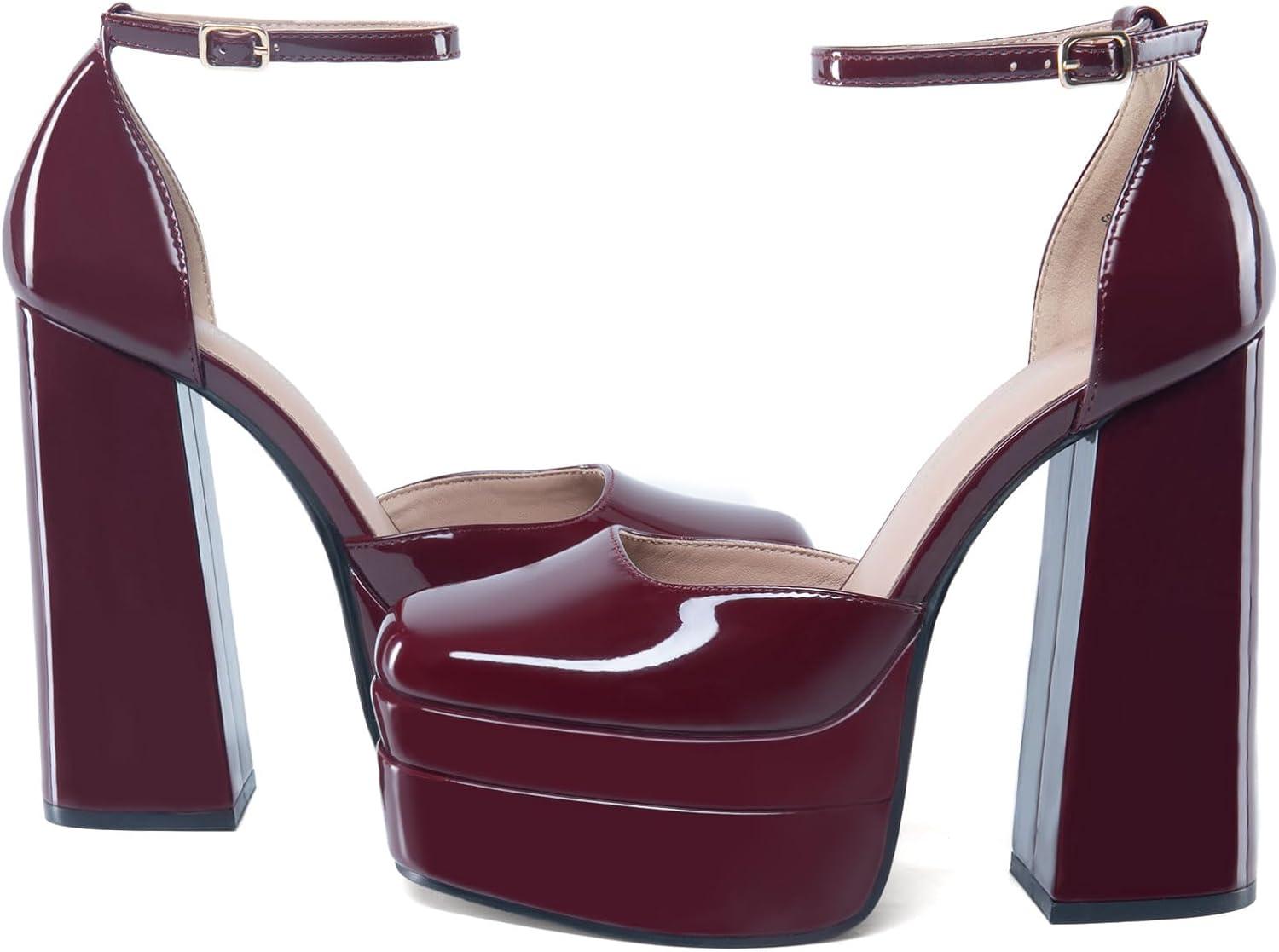 imageDREAM PAIRS Womens High Chunky Platform Closed Toe Block Heels Square Toe Ankle Strap Dress Wedding Party Pumps Shoes AureliaBurgundy