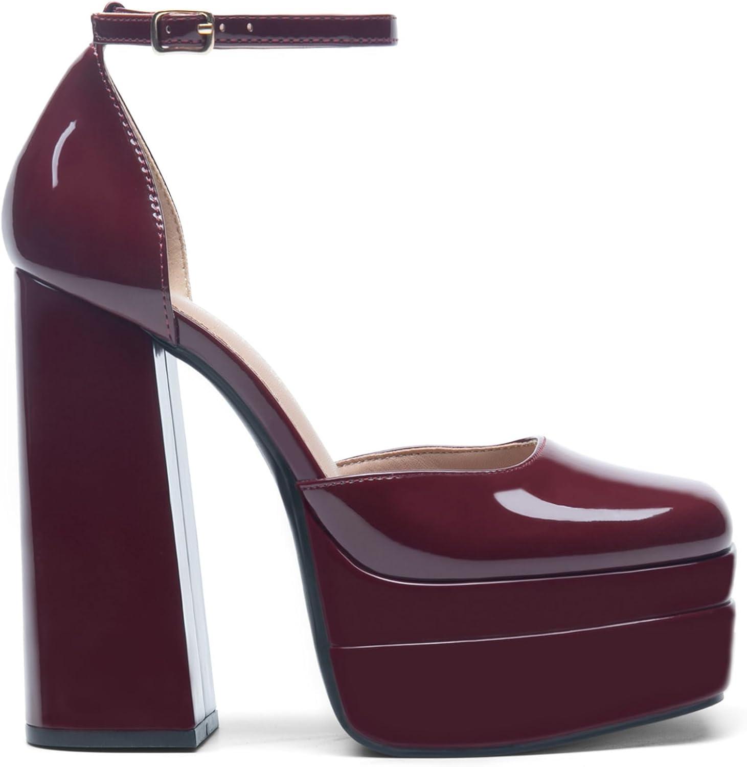 imageDREAM PAIRS Womens High Chunky Platform Closed Toe Block Heels Square Toe Ankle Strap Dress Wedding Party Pumps Shoes AureliaBurgundy