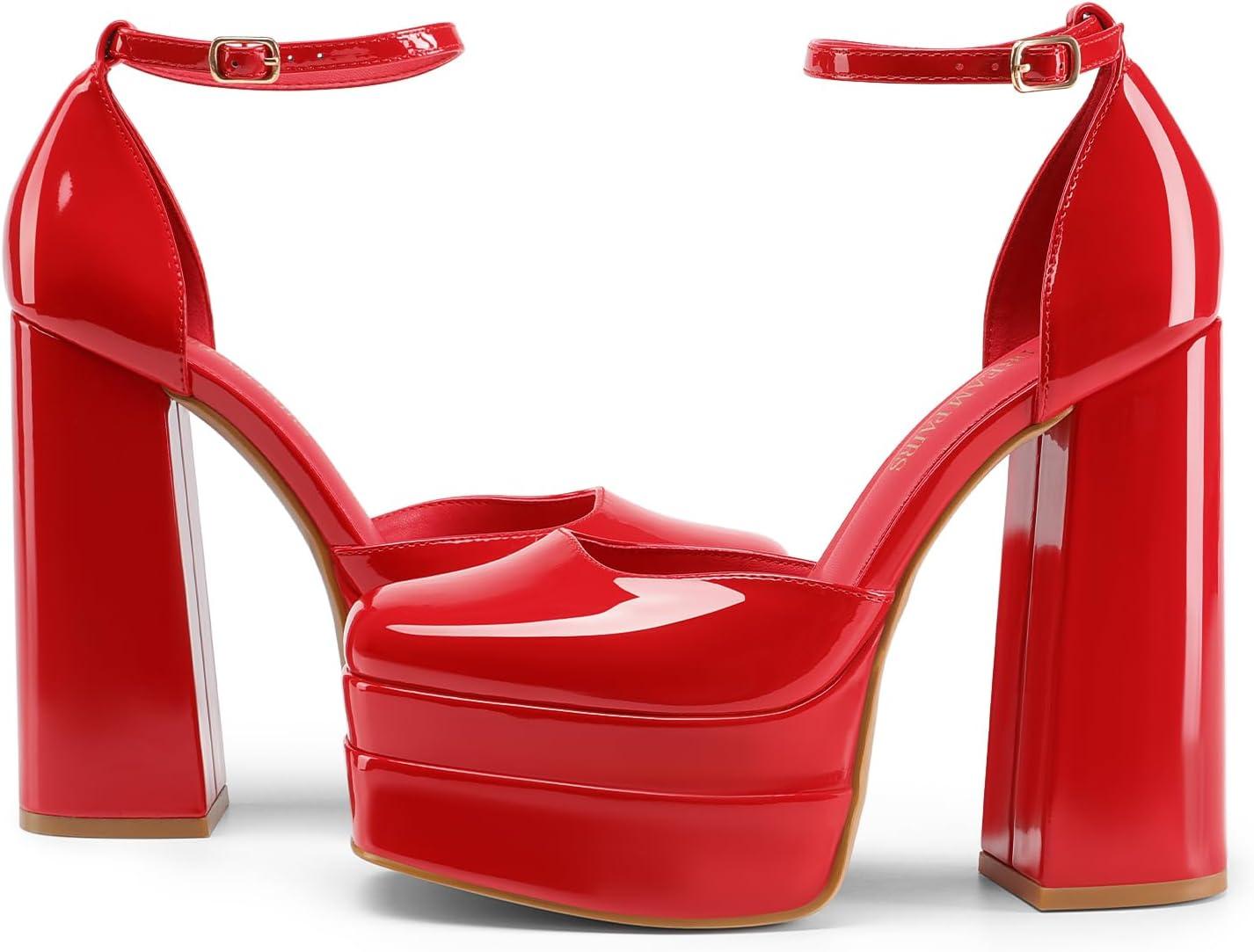 imageDREAM PAIRS Womens High Chunky Platform Closed Toe Block Heels Square Toe Ankle Strap Dress Wedding Party Pumps Shoes AureliaRedpat