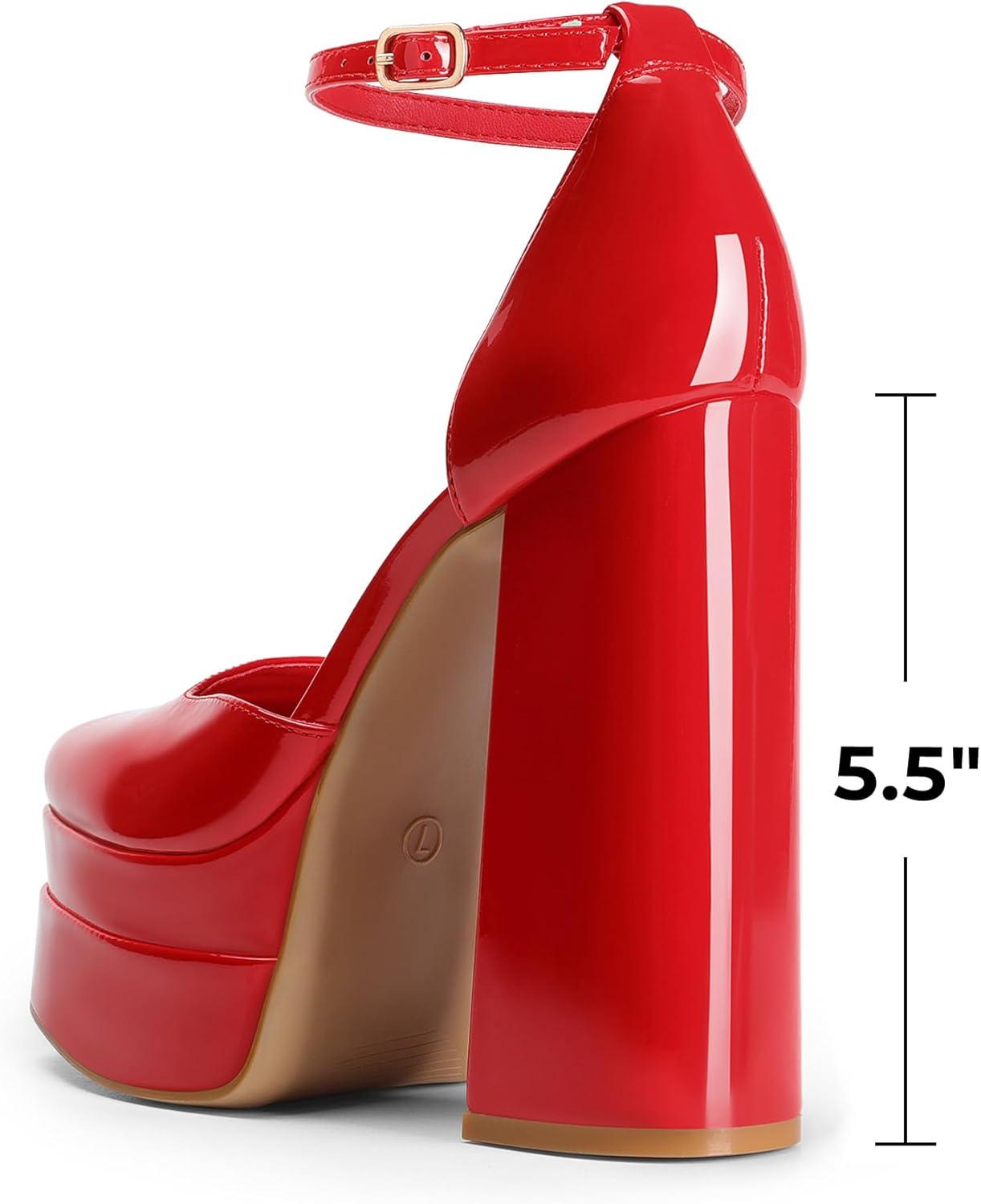 imageDREAM PAIRS Womens High Chunky Platform Closed Toe Block Heels Square Toe Ankle Strap Dress Wedding Party Pumps Shoes AureliaRedpat