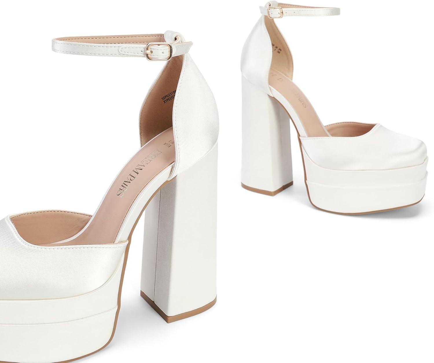 imageDREAM PAIRS Womens High Chunky Platform Closed Toe Block Heels Square Toe Ankle Strap Dress Wedding Party Pumps Shoes AureliaWhitesatin