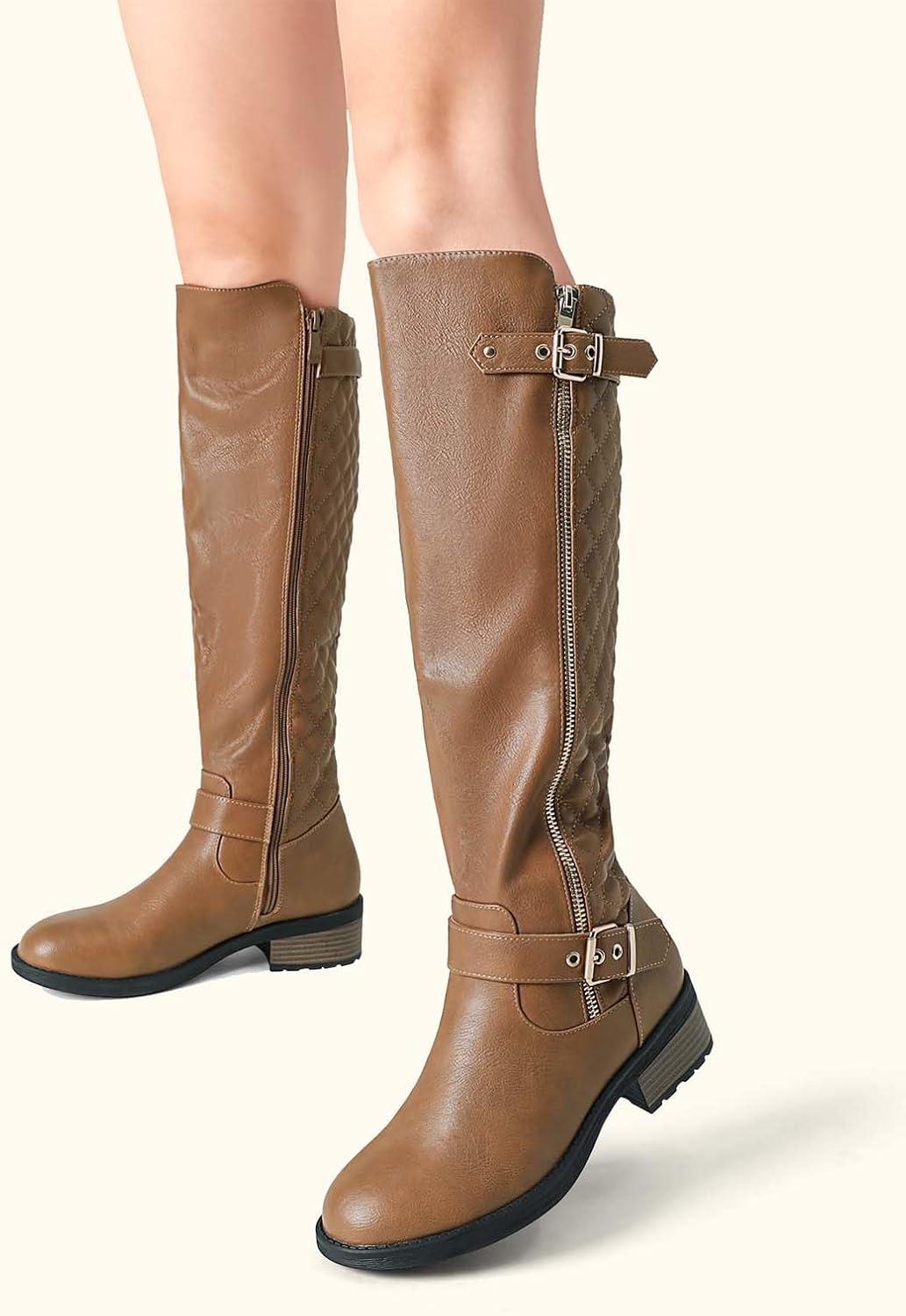 imageDREAM PAIRS Womens KneeHigh Boots Comfortable Chunky Block Heel Round Toe Side Zipper Riding Fashion Buckles Biker Motorcycle BootsCamel