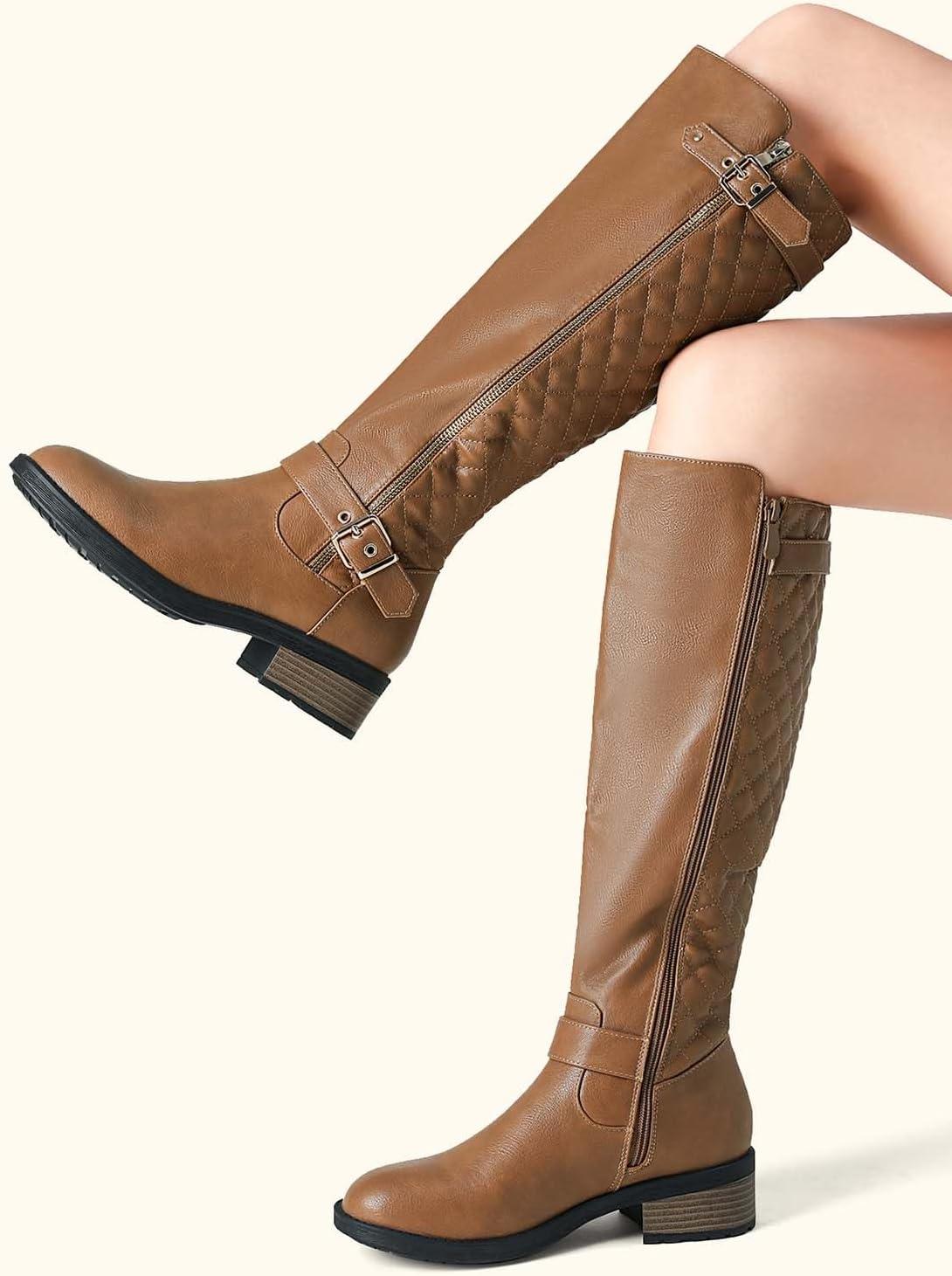 imageDREAM PAIRS Womens KneeHigh Boots Comfortable Chunky Block Heel Round Toe Side Zipper Riding Fashion Buckles Biker Motorcycle BootsCamel