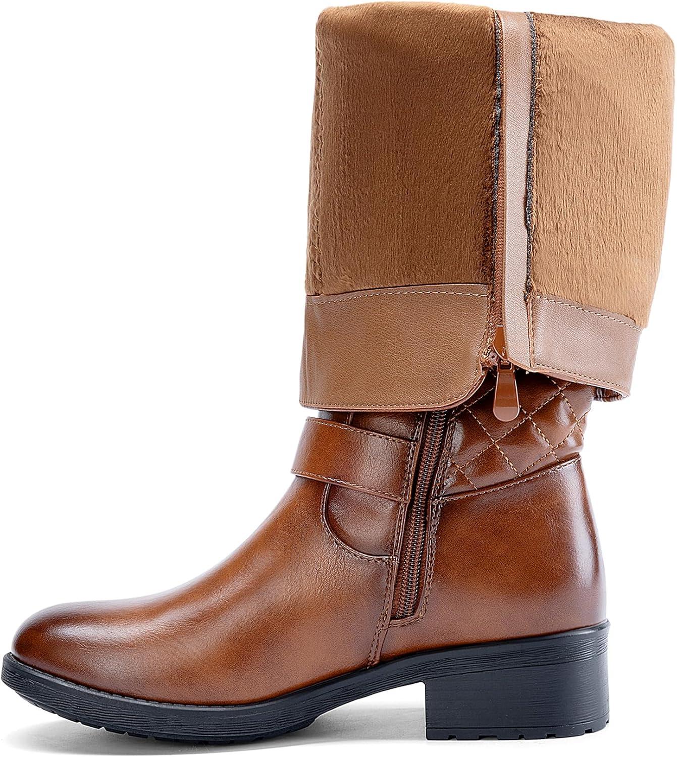 imageDREAM PAIRS Womens KneeHigh Boots Comfortable Chunky Block Heel Round Toe Side Zipper Riding Fashion Buckles Biker Motorcycle BootsTan