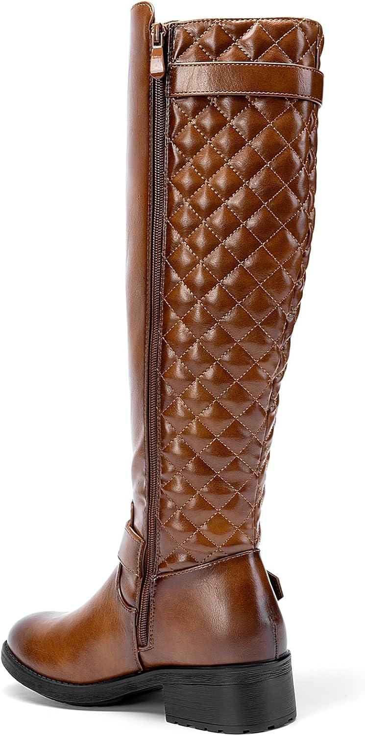 imageDREAM PAIRS Womens KneeHigh Boots Comfortable Chunky Block Heel Round Toe Side Zipper Riding Fashion Buckles Biker Motorcycle BootsTan