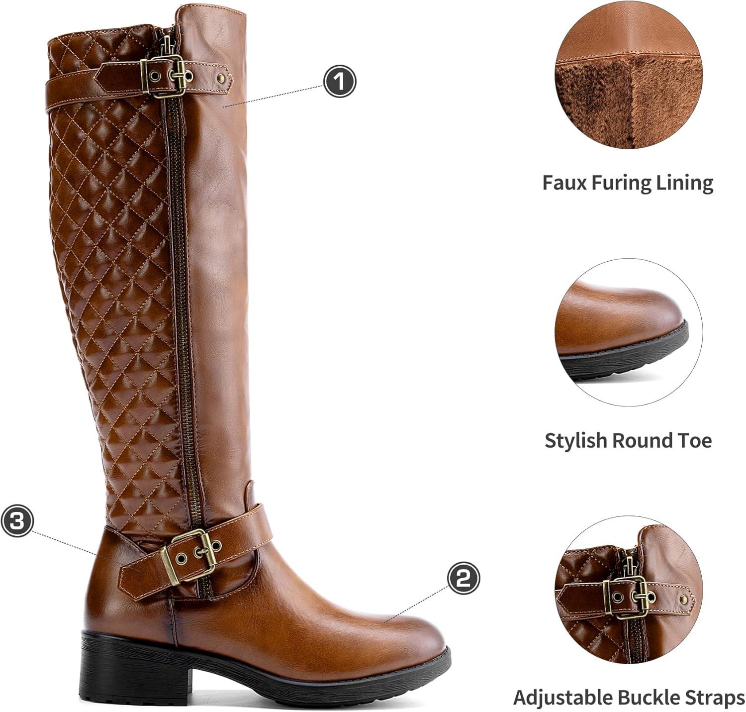 imageDREAM PAIRS Womens KneeHigh Boots Comfortable Chunky Block Heel Round Toe Side Zipper Riding Fashion Buckles Biker Motorcycle BootsTan