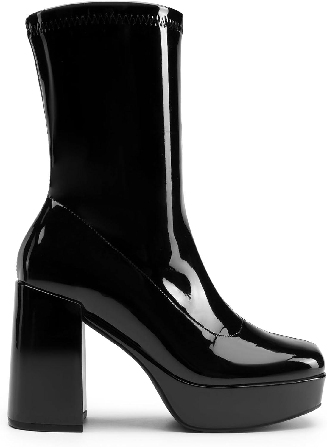 imageDREAM PAIRS Womens Mid Calf Gogo Boots Platform High Chunky Block Heel Square Toe Ankle BootsBlackpat