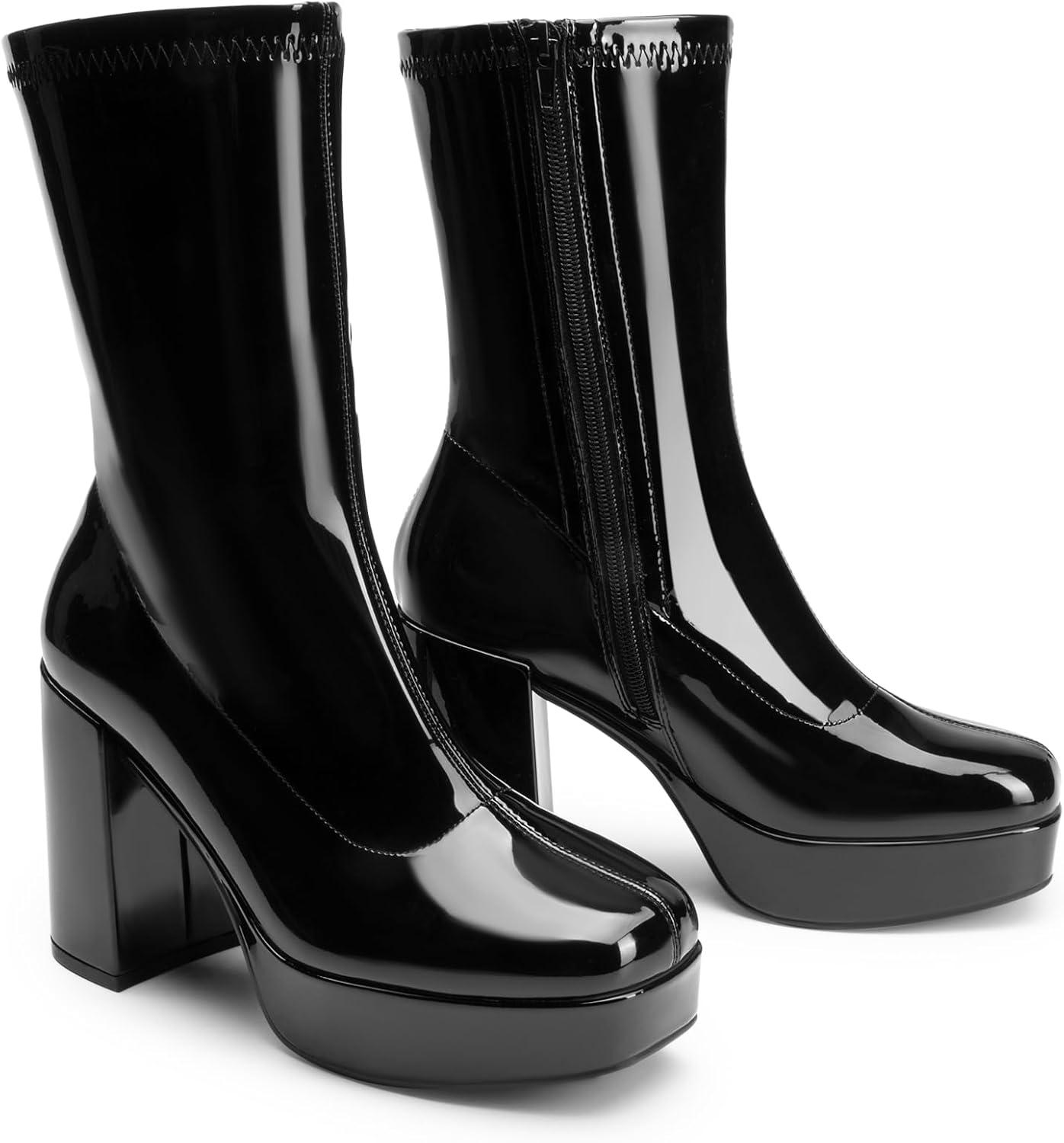 imageDREAM PAIRS Womens Mid Calf Gogo Boots Platform High Chunky Block Heel Square Toe Ankle BootsBlackpat