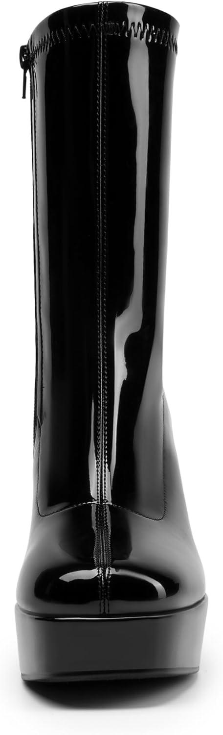 imageDREAM PAIRS Womens Mid Calf Gogo Boots Platform High Chunky Block Heel Square Toe Ankle BootsBlackpat