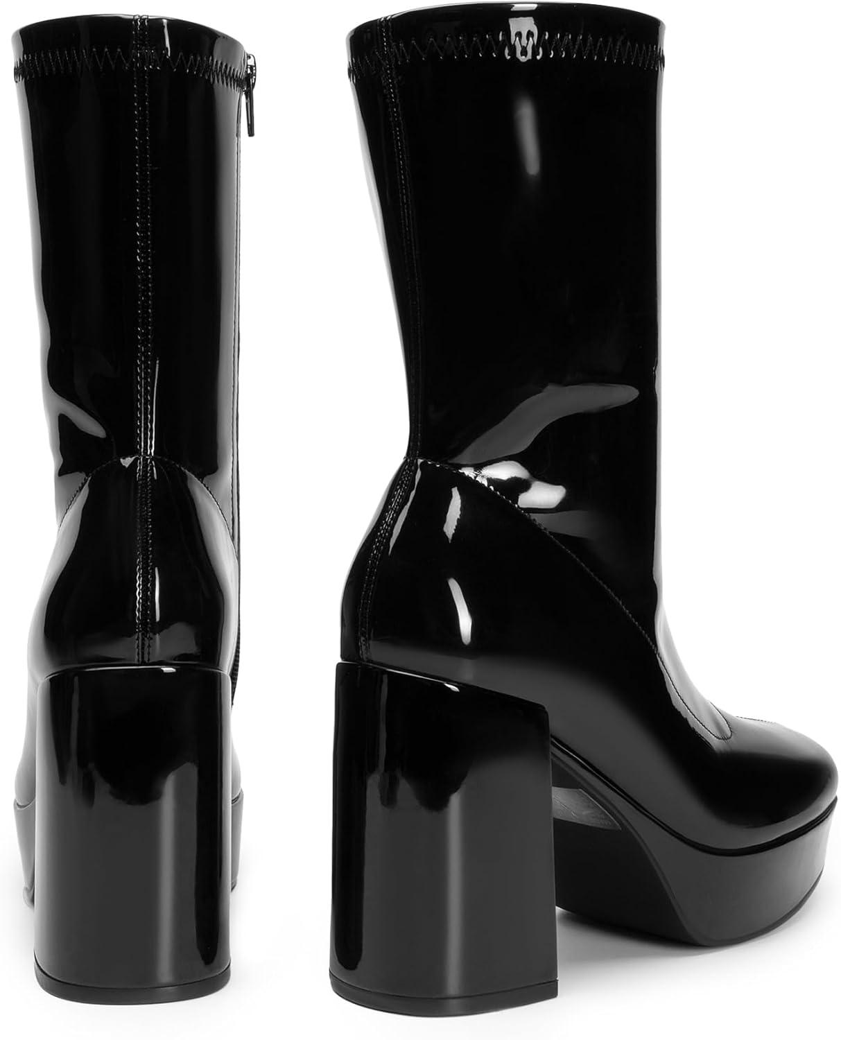 imageDREAM PAIRS Womens Mid Calf Gogo Boots Platform High Chunky Block Heel Square Toe Ankle BootsBlackpat