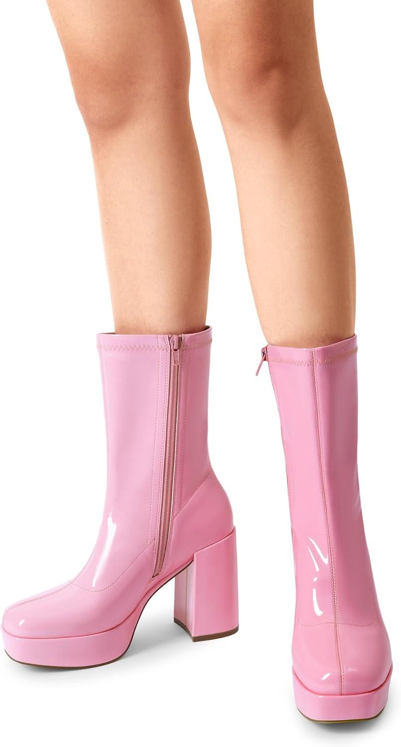 imageDREAM PAIRS Womens Mid Calf Gogo Boots Platform High Chunky Block Heel Square Toe Ankle BootsPink