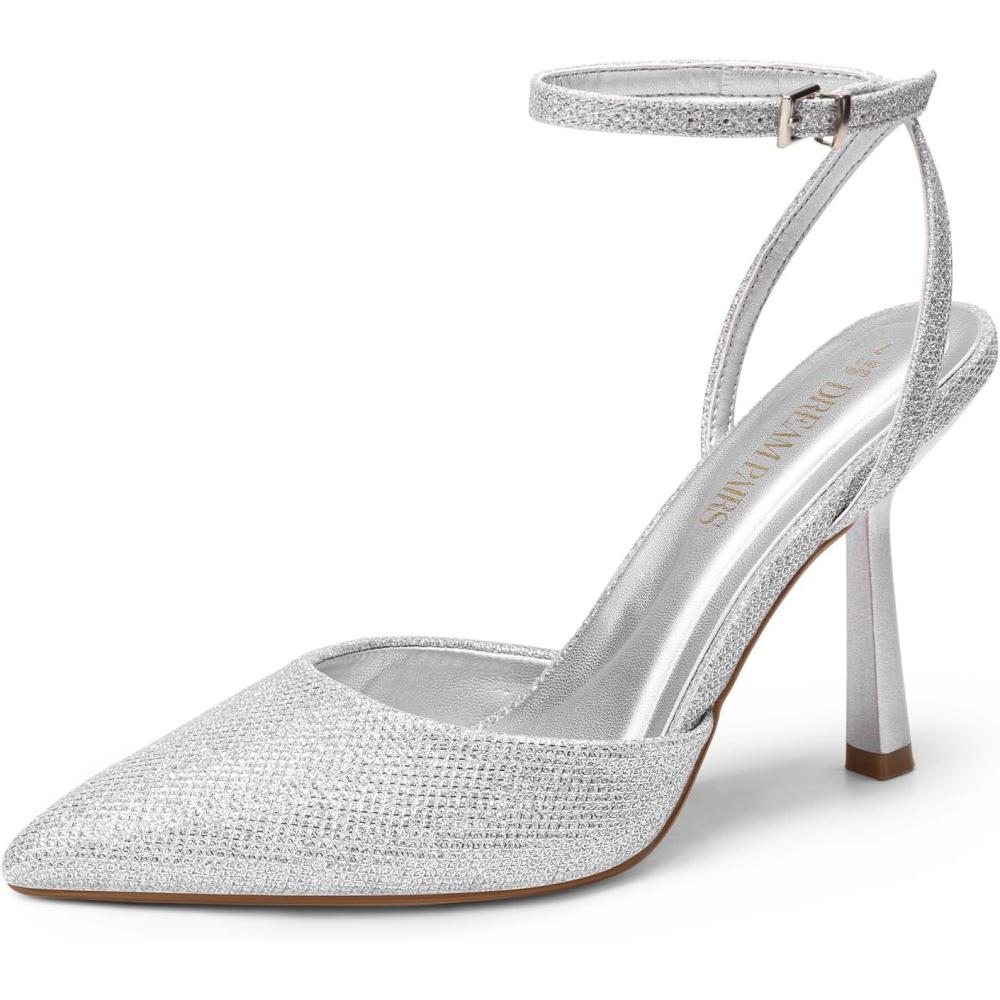 imageDREAM PAIRS High Heels for Women Closed Pointed Toe Dress Shoes for Women Ankle Strap Stiletto Heel Party Wedding Sexy Pump ShoesSilverglitter