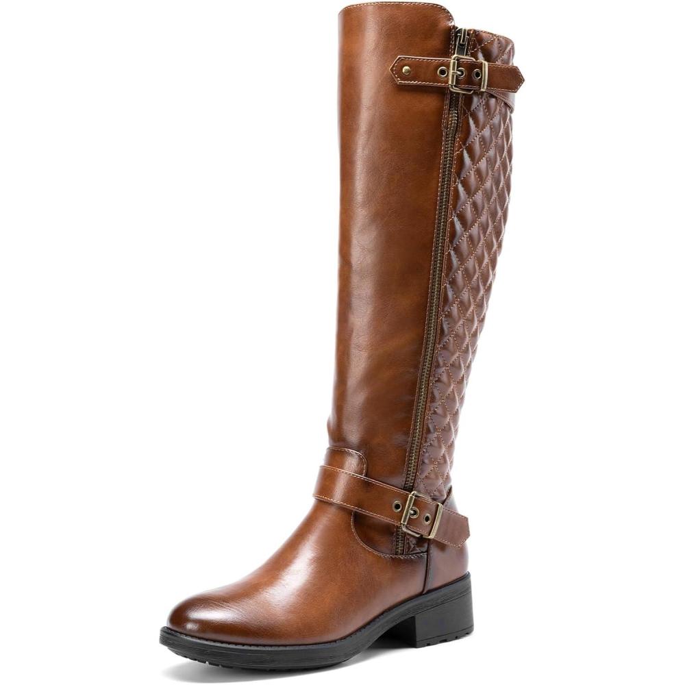 imageDREAM PAIRS Womens KneeHigh Boots Comfortable Chunky Block Heel Round Toe Side Zipper Riding Fashion Buckles Biker Motorcycle BootsTan