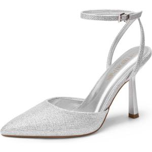 imageDREAM PAIRS High Heels for Women Closed Pointed Toe Dress Shoes for Women Ankle Strap Stiletto Heel Party Wedding Sexy Pump ShoesSilverglitter