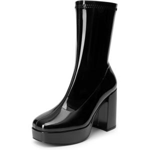 imageDREAM PAIRS Womens Mid Calf Gogo Boots Platform High Chunky Block Heel Square Toe Ankle BootsBlackpat