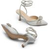 imageDREAM PAIRS Kitten Heels Rhinestone Bow Ankle Strap Stiletto Pointed Closed Toe Heels for Women Pumps Wedding Bridal Party Dress ShoesSilver