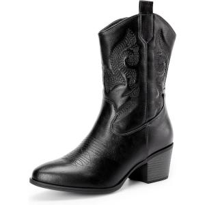 imageDREAM PAIRS Cowboy Boots for Women Mid Calf Cowgirl Boots with Embroidery Round Toe Western Chunky Low Heel ShoesAll Black