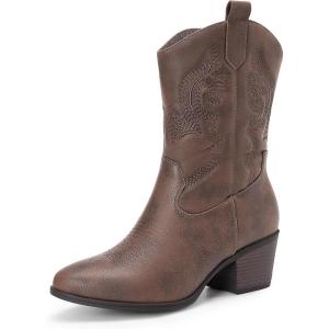 imageDREAM PAIRS Cowboy Boots for Women Mid Calf Cowgirl Boots with Embroidery Round Toe Western Chunky Low Heel ShoesBrown