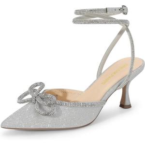 imageDREAM PAIRS Kitten Heels Rhinestone Bow Ankle Strap Stiletto Pointed Closed Toe Heels for Women Pumps Wedding Bridal Party Dress ShoesSilver