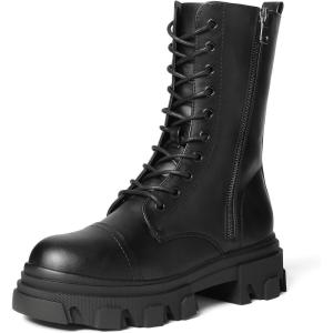 imageDREAM PAIRS Womens Combat Boots Lace up Mid Calf Boots Low Heel Chunky Platform Lug Sole Riding BootsBlackPu