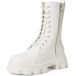 imageDREAM PAIRS Womens Combat Boots Lace up Mid Calf Boots Low Heel Chunky Platform Lug Sole Riding BootsWhite