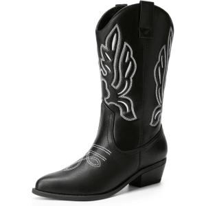 imageDREAM PAIRS Womens Cowboy Boots Mid Calf Cowgirl Boots Embroidery Stitched Western BootsBlackpu