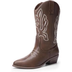 imageDREAM PAIRS Womens Cowboy Boots Mid Calf Cowgirl Boots Embroidery Stitched Western BootsBrownpu