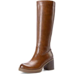imageDREAM PAIRS Womens Knee High Boots Chunky Platform Heel Round Toe Boots for Women Side Zipper Stylish Comfortable Tall BootsBrown
