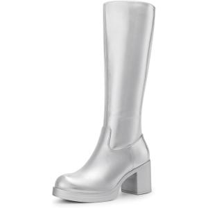 imageDREAM PAIRS Womens Knee High Boots Chunky Platform Heel Round Toe Boots for Women Side Zipper Stylish Comfortable Tall BootsSilver