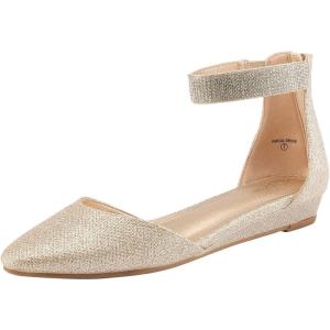 imageDREAM PAIRS Womens Low Wedge Round Toe Ankle Strap Dress Comfortable Casual Flats ShoesGoldGlitter