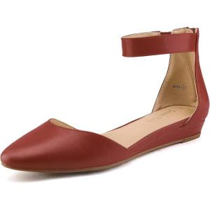 imageDREAM PAIRS Womens Low Wedge Round Toe Ankle Strap Dress Comfortable Casual Flats ShoesRedPu