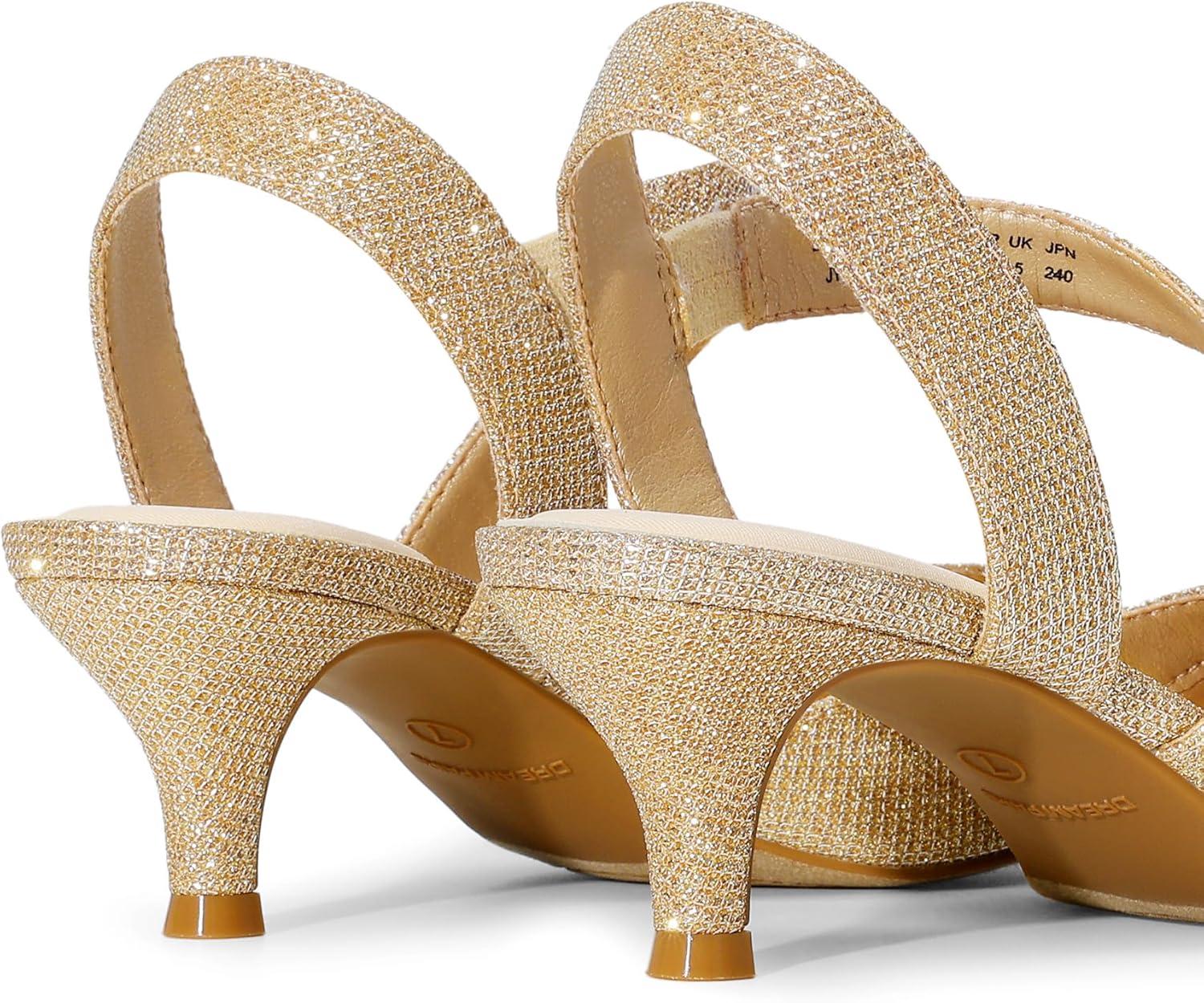 imageDREAM PAIRS Kitten Heels for Women Closed Toe Pointed Toe Low Heel Strappy Pumps Party Dance Wedding Dress Shoes for WomenGold